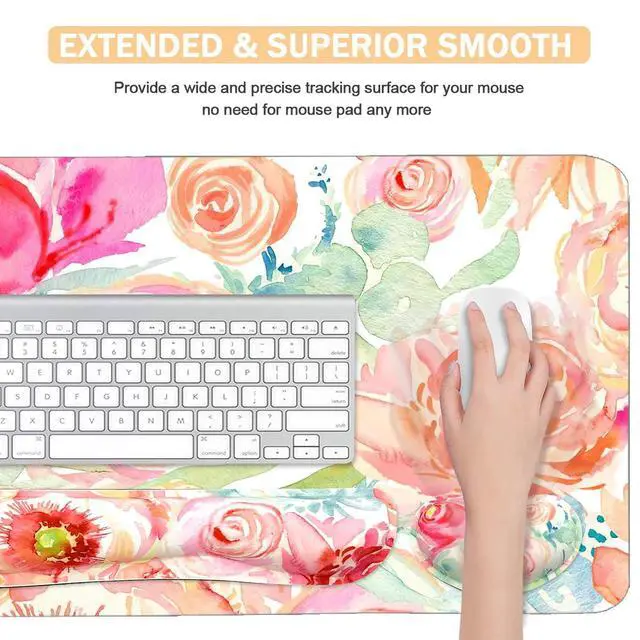 Alt view image 4 of 6 - Large Mouse Pad Set, Cute Extended Mouse Pad+Keyboard Wrist Rest Support Desk Pad Memory Foam Ergonomic Easy Typing, 35.4×15.7 in Desk Mat Set for Home Office Study Game - Flowers