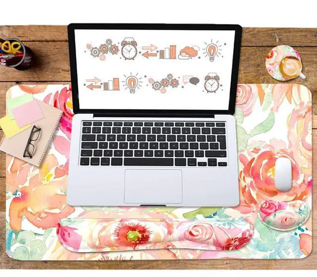 Alt view image 5 of 6 - Large Mouse Pad Set, Cute Extended Mouse Pad+Keyboard Wrist Rest Support Desk Pad Memory Foam Ergonomic Easy Typing, 35.4×15.7 in Desk Mat Set for Home Office Study Game - Flowers