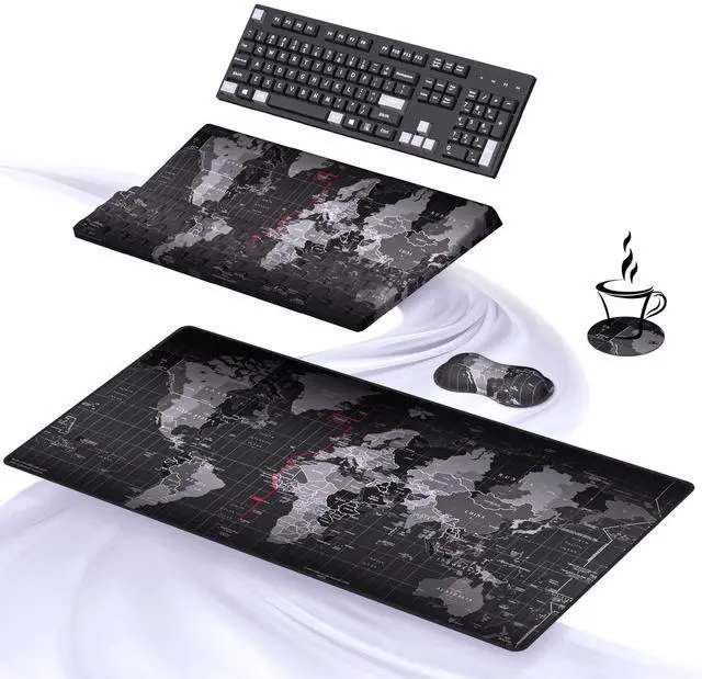Main image of Ergonomic Mouse Pad and Keyboard Stand Wrist Rest Pad Set with Large Mousepad, Memory Foam Comfort, Premium Office Desk Accessories for Pain Relief and Efficiency, Black Map