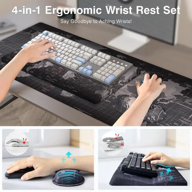 Alt view image 2 of 6 - Ergonomic Mouse Pad and Keyboard Stand Wrist Rest Pad Set with Large Mousepad, Memory Foam Comfort, Premium Office Desk Accessories for Pain Relief and Efficiency, Black Map
