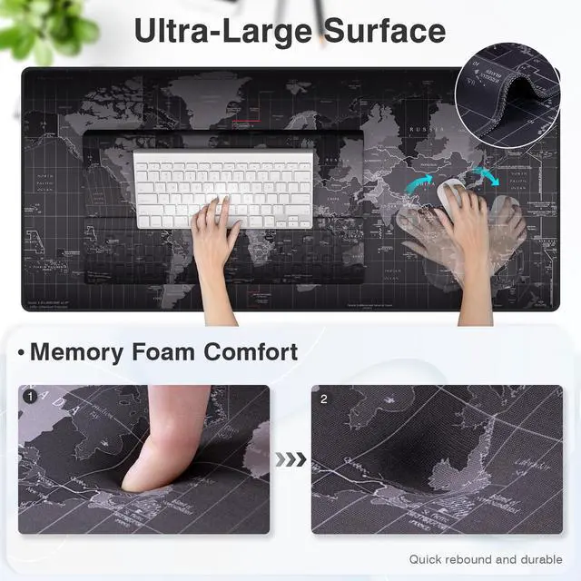 Alt view image 3 of 6 - Ergonomic Mouse Pad and Keyboard Stand Wrist Rest Pad Set with Large Mousepad, Memory Foam Comfort, Premium Office Desk Accessories for Pain Relief and Efficiency, Black Map