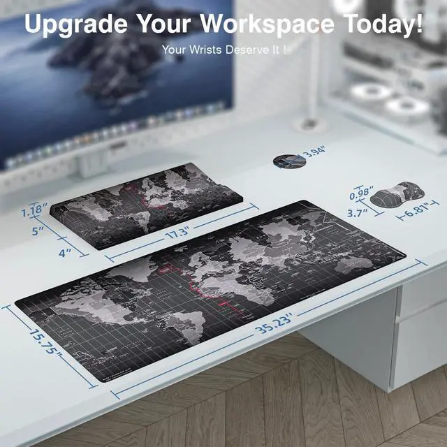 Alt view image 6 of 6 - Ergonomic Mouse Pad and Keyboard Stand Wrist Rest Pad Set with Large Mousepad, Memory Foam Comfort, Premium Office Desk Accessories for Pain Relief and Efficiency, Black Map