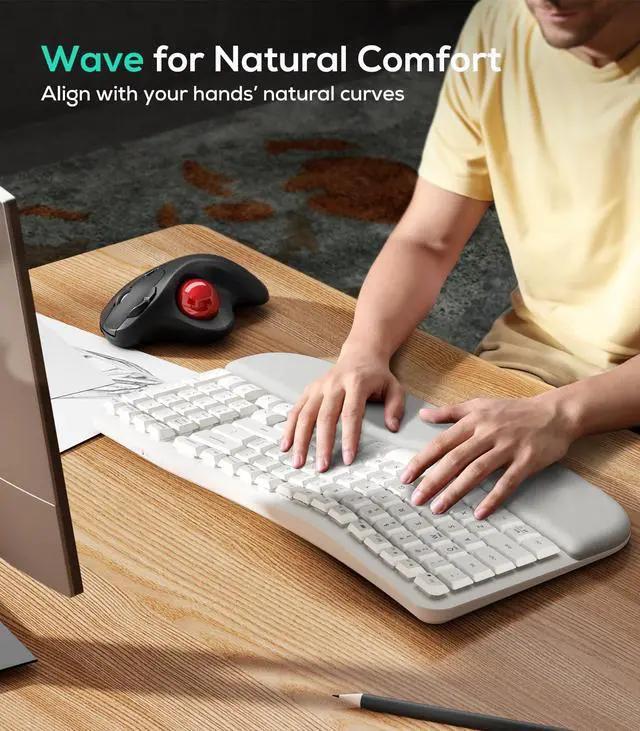 Alt view image 2 of 7 - Wave Keys Wireless Ergonomic Keyboard with Cushioned Palm Rest, 2.4GHz Ergo Cordless USB Computer Keyboard, Comfortable Natural Typing, for Laptop, Mac, Windows (White)