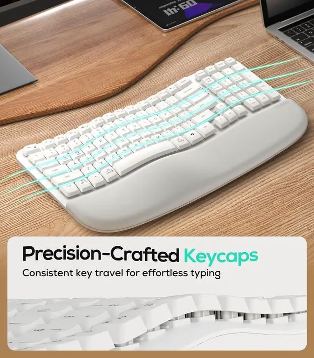 Alt view image 3 of 7 - Wave Keys Wireless Ergonomic Keyboard with Cushioned Palm Rest, 2.4GHz Ergo Cordless USB Computer Keyboard, Comfortable Natural Typing, for Laptop, Mac, Windows (White)