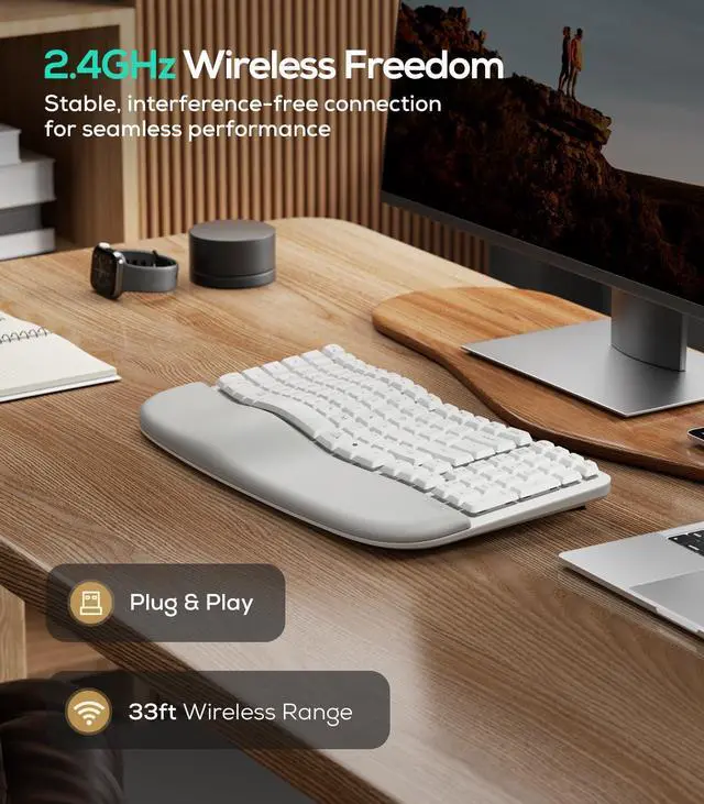 Alt view image 4 of 7 - Wave Keys Wireless Ergonomic Keyboard with Cushioned Palm Rest, 2.4GHz Ergo Cordless USB Computer Keyboard, Comfortable Natural Typing, for Laptop, Mac, Windows (White)