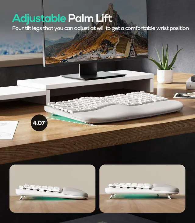Alt view image 5 of 7 - Wave Keys Wireless Ergonomic Keyboard with Cushioned Palm Rest, 2.4GHz Ergo Cordless USB Computer Keyboard, Comfortable Natural Typing, for Laptop, Mac, Windows (White)