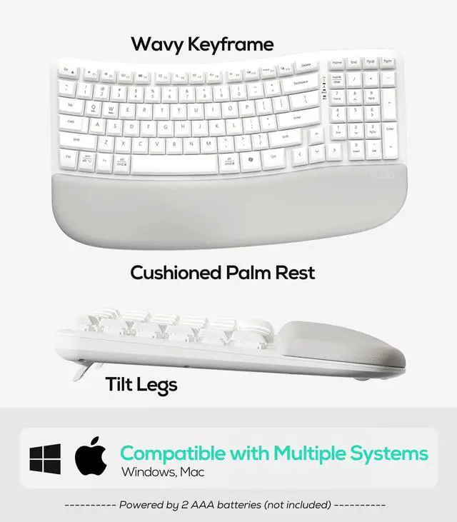Alt view image 7 of 7 - Wave Keys Wireless Ergonomic Keyboard with Cushioned Palm Rest, 2.4GHz Ergo Cordless USB Computer Keyboard, Comfortable Natural Typing, for Laptop, Mac, Windows (White)