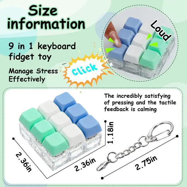 Alt view image 2 of 7 - Keyboard Fidget Toy, Keyboard Fidget Keychain 9-in-1 Keyboard Decompression Button Finger Clicker Toys Stress Relief Fidget Gifts (3 Colors- Blue White Green)