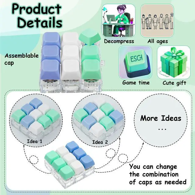 Alt view image 3 of 7 - Keyboard Fidget Toy, Keyboard Fidget Keychain 9-in-1 Keyboard Decompression Button Finger Clicker Toys Stress Relief Fidget Gifts (3 Colors- Blue White Green)