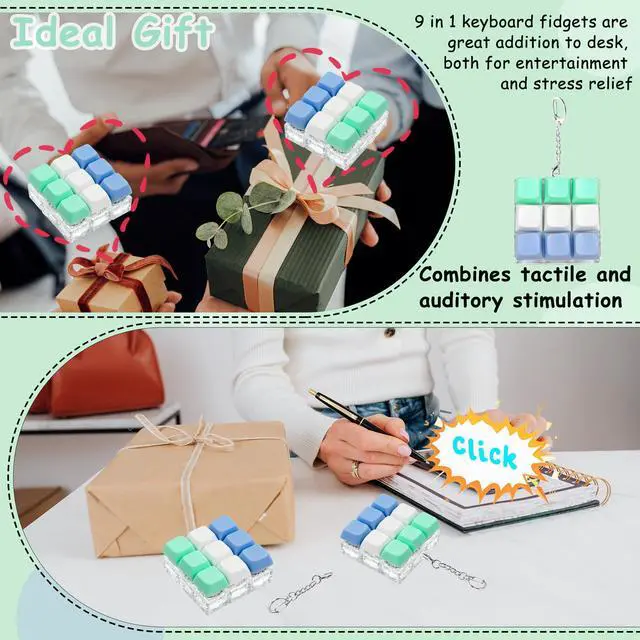 Alt view image 4 of 7 - Keyboard Fidget Toy, Keyboard Fidget Keychain 9-in-1 Keyboard Decompression Button Finger Clicker Toys Stress Relief Fidget Gifts (3 Colors- Blue White Green)