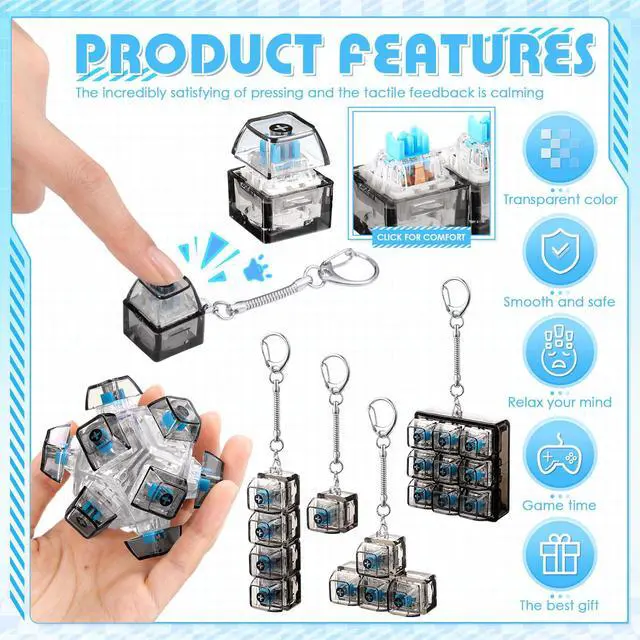 Alt view image 3 of 7 - Keyboard Fidget Clicker Keychains in 5 Styles, Back to School Gift Fidget Mechanical Button Clicker Stress Relief Gift for First Day of School Office Home(Black Transparent)