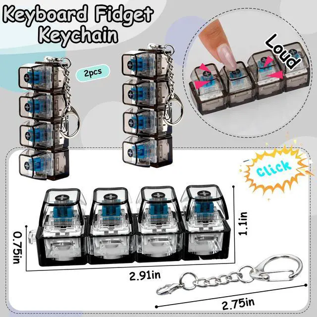 Alt view image 2 of 7 - Keyboard Fidget Toy, Keyboard Fidget Keychain 4-in-1 Keyboard Decompression Button Finger Clicker Toys, Button Stress Relief Fidget Gifts to Relief Stress