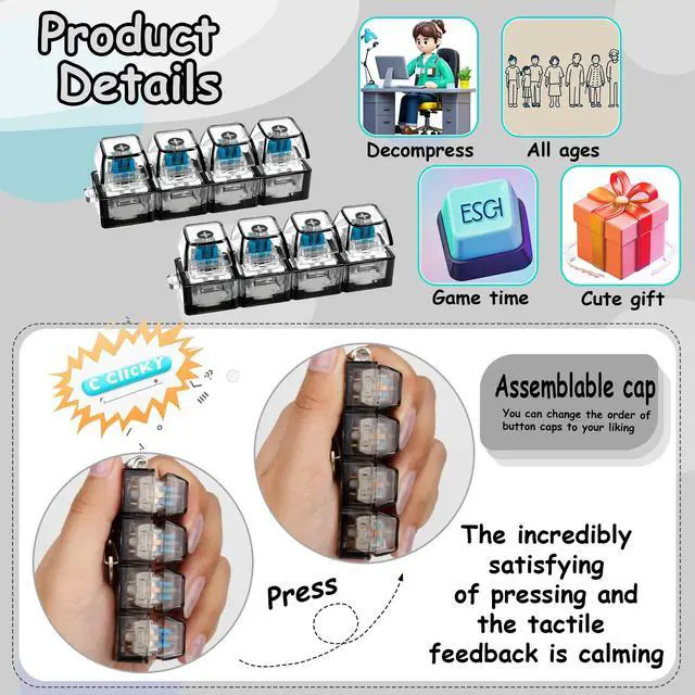 Alt view image 3 of 7 - Keyboard Fidget Toy, Keyboard Fidget Keychain 4-in-1 Keyboard Decompression Button Finger Clicker Toys, Button Stress Relief Fidget Gifts to Relief Stress