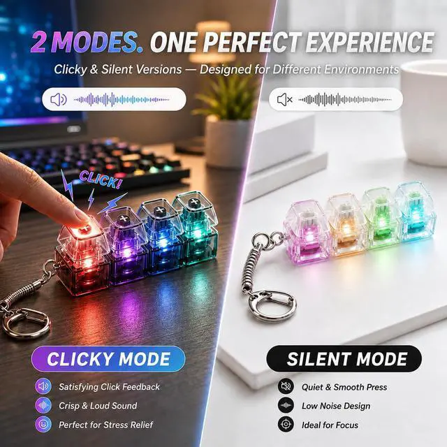 Alt view image 2 of 7 - 2 Pack Keyboard Fidget Toy, Keyboard Fidget with LED Lights, 4-in-1 Quiet & Clicky Keyboard Clicker Toy for Stress Relief & Focus, Glowing Sensory Button Fidget for Kids & Adults