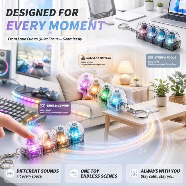 Alt view image 4 of 7 - 2 Pack Keyboard Fidget Toy, Keyboard Fidget with LED Lights, 4-in-1 Quiet & Clicky Keyboard Clicker Toy for Stress Relief & Focus, Glowing Sensory Button Fidget for Kids & Adults