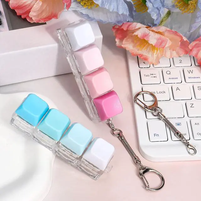 Alt view image 3 of 7 - Keyboard Fidget Toy, 4-in-1 Keyboard Button Clicker Keychain, Push Bubble Sensory Fidget Toys for Kids Adults to Relief Pass Time (Blue Pink White)