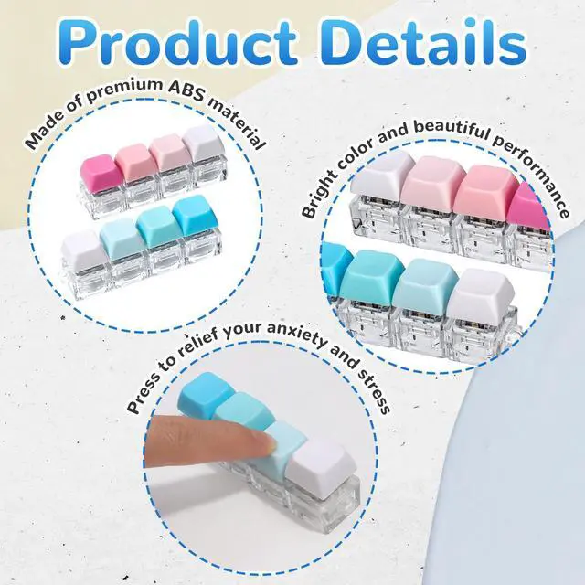Alt view image 5 of 7 - Keyboard Fidget Toy, 4-in-1 Keyboard Button Clicker Keychain, Push Bubble Sensory Fidget Toys for Kids Adults to Relief Pass Time (Blue Pink White)