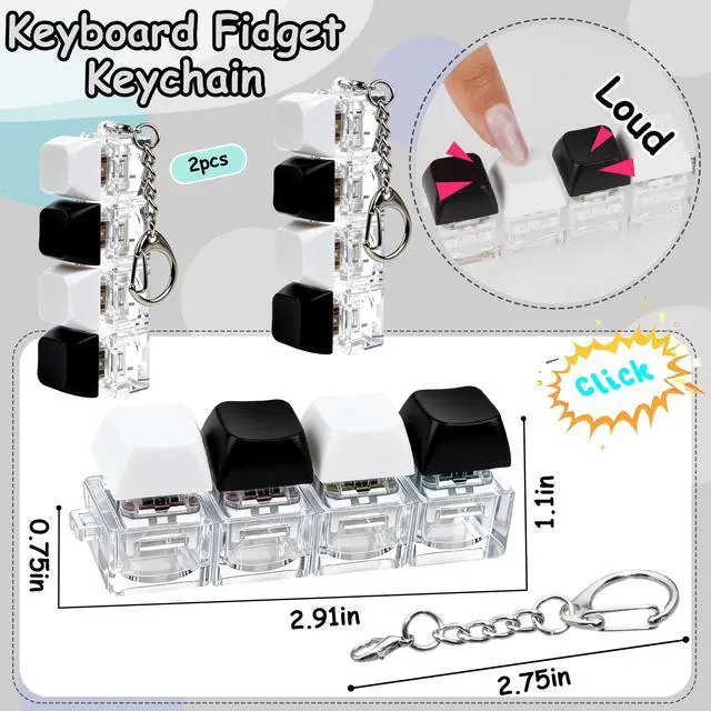Alt view image 2 of 7 - Keyboard Fidget Toy, Keyboard Fidget Keychain 4-in-1 Keyboard Decompression Button Finger Clicker Toys, Button Stress Relief Fidget Gifts for Adult to Relief Stress (Black+White)