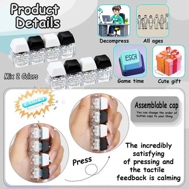 Alt view image 3 of 7 - Keyboard Fidget Toy, Keyboard Fidget Keychain 4-in-1 Keyboard Decompression Button Finger Clicker Toys, Button Stress Relief Fidget Gifts for Adult to Relief Stress (Black+White)