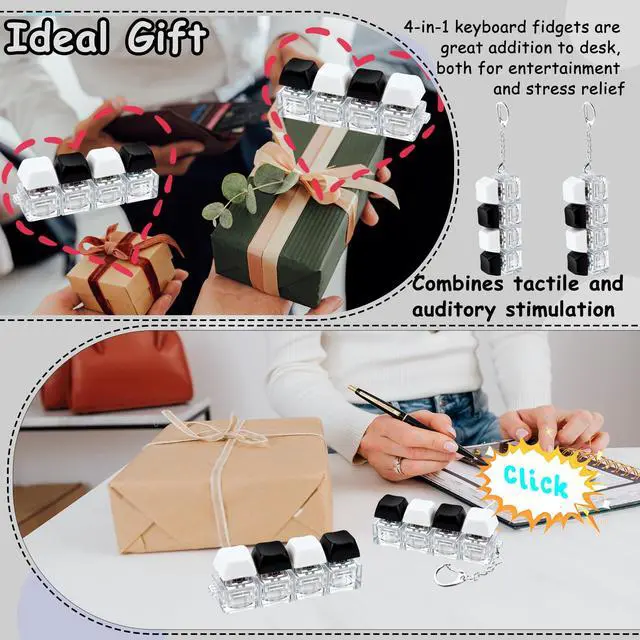 Alt view image 4 of 7 - Keyboard Fidget Toy, Keyboard Fidget Keychain 4-in-1 Keyboard Decompression Button Finger Clicker Toys, Button Stress Relief Fidget Gifts for Adult to Relief Stress (Black+White)