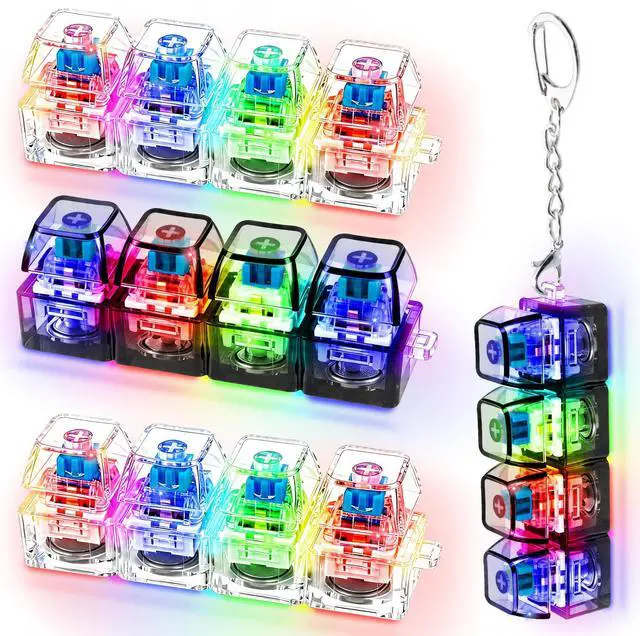 Main image of 4 PCS Glow Keyboard Fidget Toy, Keyboard Fidget with LED Light Keychain 4-in-1 Keyboard Decompression Button Finger Clicker Toys, Button Stress Relief Fidget Gifts for Kids Adults (Clear Black)