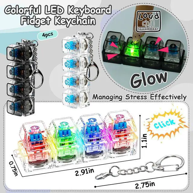 Alt view image 2 of 6 - 4 PCS Glow Keyboard Fidget Toy, Keyboard Fidget with LED Light Keychain 4-in-1 Keyboard Decompression Button Finger Clicker Toys, Button Stress Relief Fidget Gifts for Kids Adults (Clear Black)