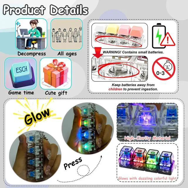 Alt view image 3 of 6 - 4 PCS Glow Keyboard Fidget Toy, Keyboard Fidget with LED Light Keychain 4-in-1 Keyboard Decompression Button Finger Clicker Toys, Button Stress Relief Fidget Gifts for Kids Adults (Clear Black)