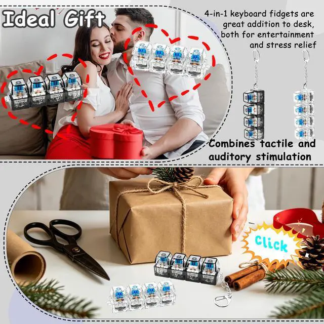 Alt view image 4 of 6 - 4 PCS Glow Keyboard Fidget Toy, Keyboard Fidget with LED Light Keychain 4-in-1 Keyboard Decompression Button Finger Clicker Toys, Button Stress Relief Fidget Gifts for Kids Adults (Clear Black)