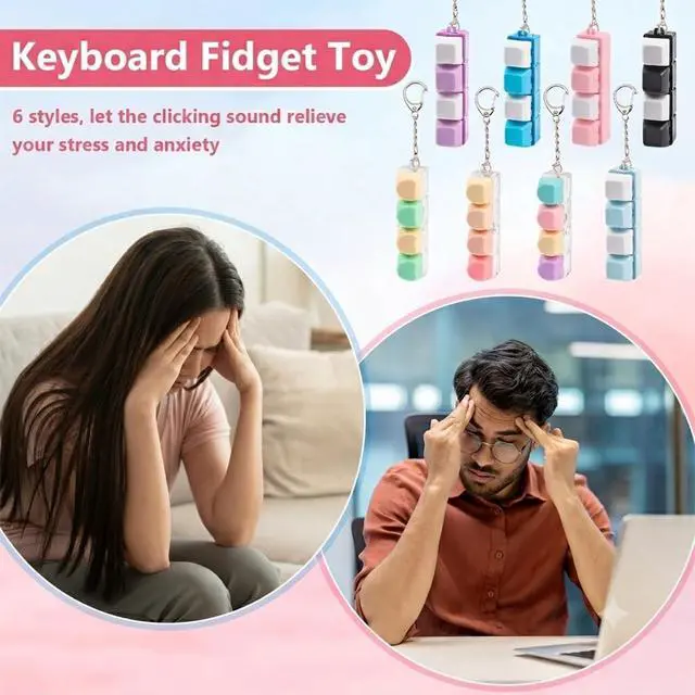 Alt view image 5 of 7 - Keyboard Clicker Fidget Toy, Cute Pink Keyboard Fidget Toy for Adult, 4 Keys Anxiety Toy Keyboard Keychain for Stress Relief Pass Time