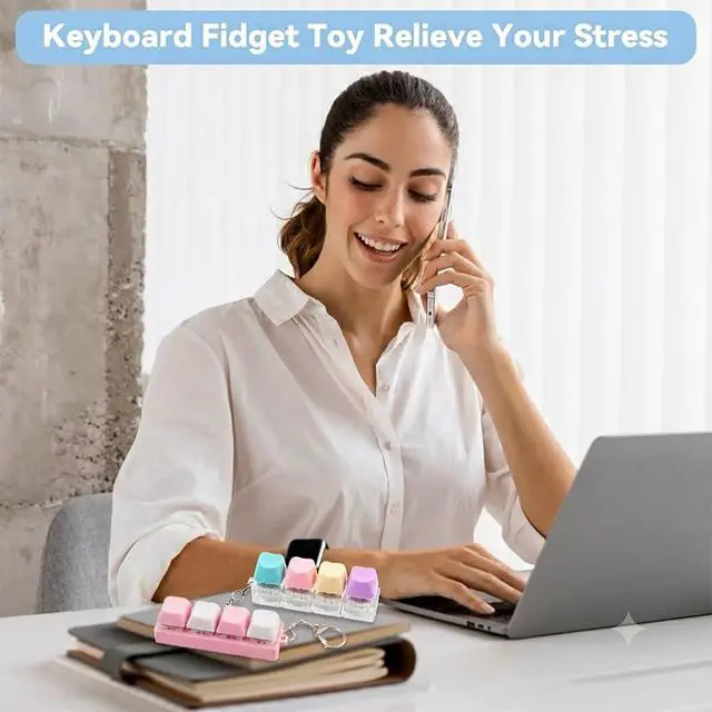 Alt view image 7 of 7 - Keyboard Clicker Fidget Toy, Cute Pink Keyboard Fidget Toy for Adult, 4 Keys Anxiety Toy Keyboard Keychain for Stress Relief Pass Time