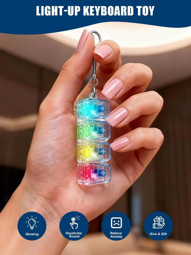Alt view image 2 of 7 - Light Up Keyboard Fidget Toy, 4-Key LED Keyboard Fidget Clicker Keychain with RGB Lights, Portable Mechanical-Style Sensory Desk Toy for Adults and Teens