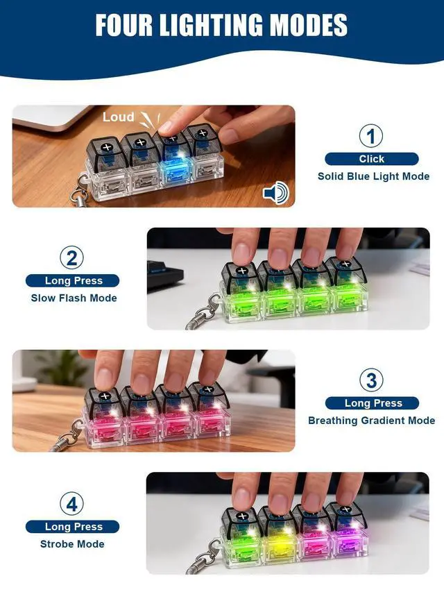 Alt view image 4 of 7 - Light Up Keyboard Fidget Toy, 4-Key LED Keyboard Fidget Clicker Keychain with RGB Lights, Portable Mechanical-Style Sensory Desk Toy for Adults and Teens