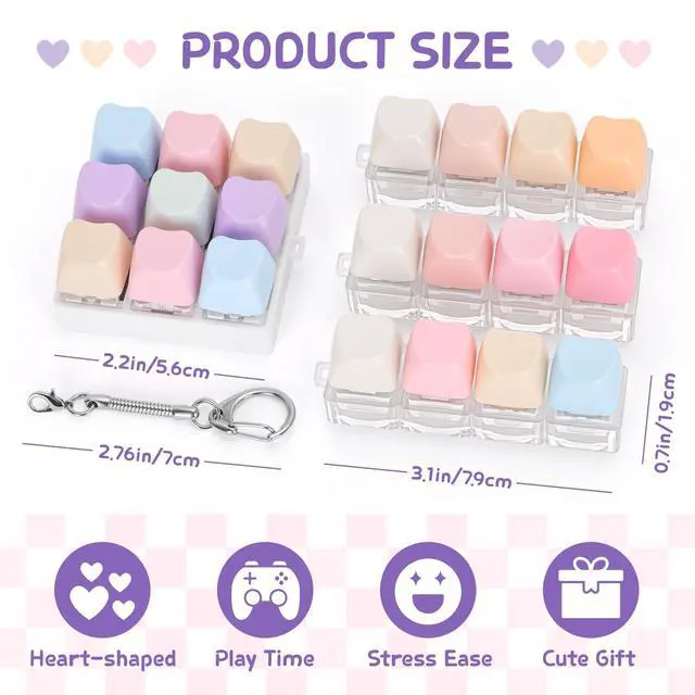 Alt view image 2 of 6 - Keyboard Fidget Toy, Includes 9-in-1 & 4-in-1 Keyboard Clicker Set with Stickers, Heart Shape Detachable Clicker Fidget Toy for Adults Valentine's Day Decompression (Macaron, 4Pack)