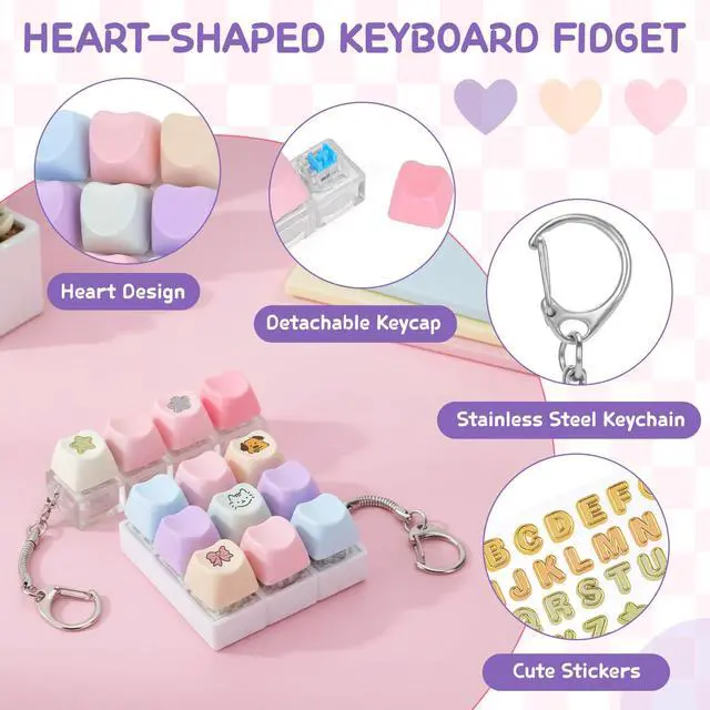Alt view image 3 of 6 - Keyboard Fidget Toy, Includes 9-in-1 & 4-in-1 Keyboard Clicker Set with Stickers, Heart Shape Detachable Clicker Fidget Toy for Adults Valentine's Day Decompression (Macaron, 4Pack)