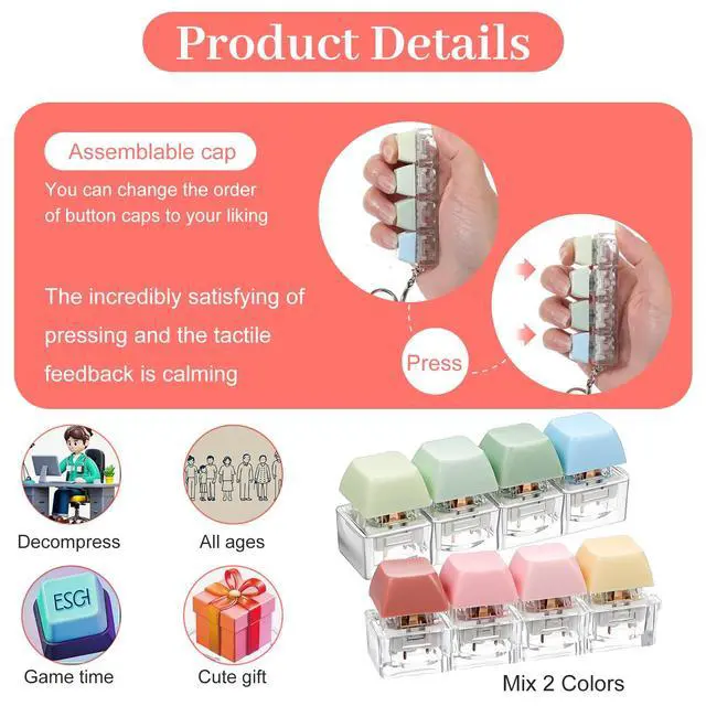 Alt view image 3 of 7 - Keyboard Fidget Toy 2 Pcs Keyboard Fidget Keychain 4-in-1 Keyboards Decompression Button Finger Clicker Toys Sensory Fun Toys Button Stress Relief Fidgets Gifts to Relieve Stress for Adults