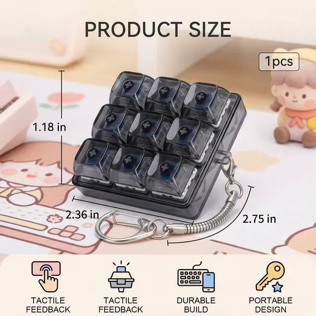 Alt view image 2 of 7 - 1-Piece Keyboard Fidget, 9-Key Black Transparent Fidget Keyboard Clicker Keychain Accessory for Office Desk and Backpacks
