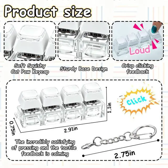 Alt view image 3 of 7 - 2 PCS Keyboard Fidget Toy, Double Layer Keycap Keyboard Fidget Keychain 4-in-1 Keyboard Decompression Button Finger Clicker Toys, Portable Tactile Button Sensory Fidget Toys Stress Relief GiftsWhite