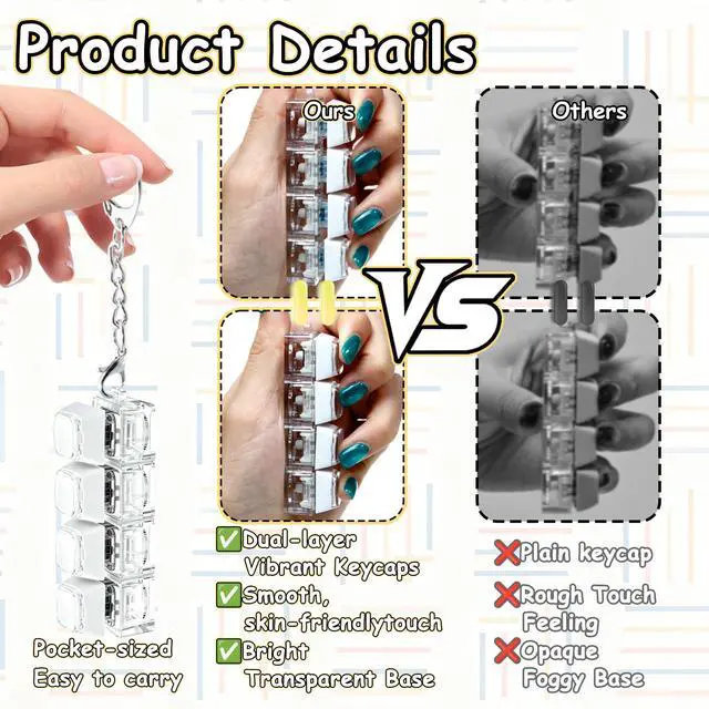 Alt view image 4 of 7 - 2 PCS Keyboard Fidget Toy, Double Layer Keycap Keyboard Fidget Keychain 4-in-1 Keyboard Decompression Button Finger Clicker Toys, Portable Tactile Button Sensory Fidget Toys Stress Relief GiftsWhite