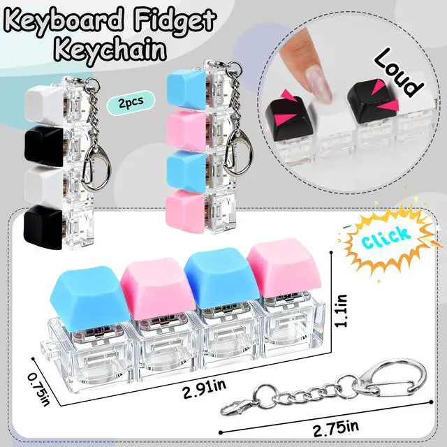 Alt view image 2 of 6 - Keyboard Fidget Toy, Keyboard Fidget Keychain 4-in-1 Keyboard Decompression Button Finger Clicker Toys, Button Stress Relief Fidget Gifts to Relief Stress (Black White Blue Pink)