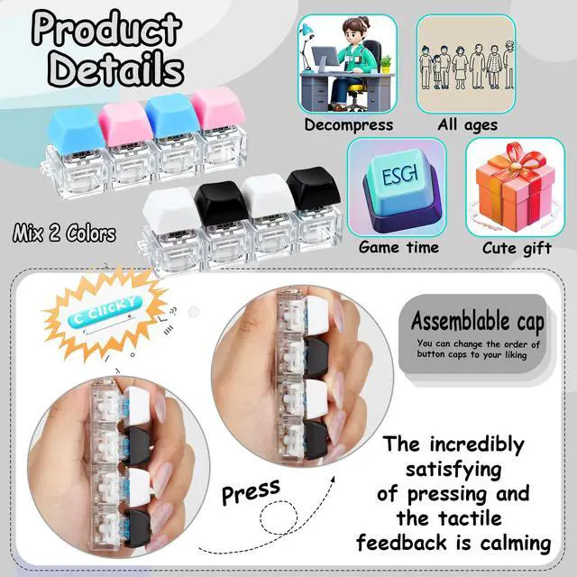 Alt view image 3 of 6 - Keyboard Fidget Toy, Keyboard Fidget Keychain 4-in-1 Keyboard Decompression Button Finger Clicker Toys, Button Stress Relief Fidget Gifts to Relief Stress (Black White Blue Pink)