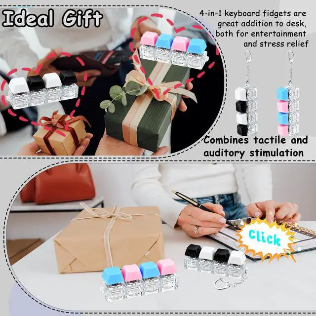 Alt view image 4 of 6 - Keyboard Fidget Toy, Keyboard Fidget Keychain 4-in-1 Keyboard Decompression Button Finger Clicker Toys, Button Stress Relief Fidget Gifts to Relief Stress (Black White Blue Pink)