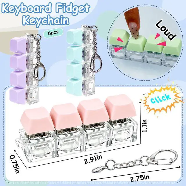 Alt view image 3 of 7 - 6 Pack Keyboard Fidget Toy, Keyboard Fidget Keychain 4-in-1 Keyboard Fidget, Button Stress Relief Fidget Gifts to Help Focus and Relieve Stress (Colorful_BluePink)