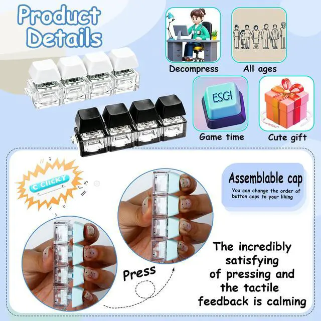 Alt view image 4 of 7 - 6 Pack Keyboard Fidget Toy, Keyboard Fidget Keychain 4-in-1 Keyboard Fidget, Button Stress Relief Fidget Gifts to Help Focus and Relieve Stress (Colorful_BluePink)