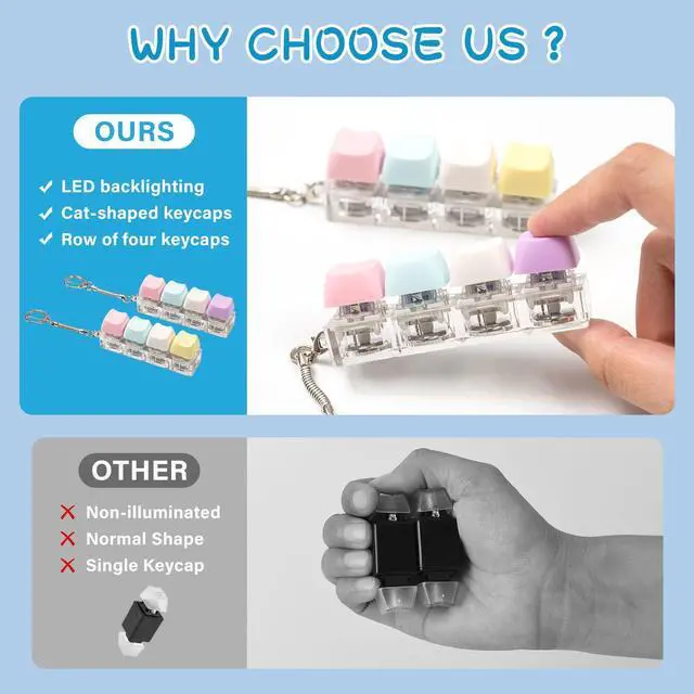 Alt view image 3 of 7 - 2 pcs Keyboard Fidget Toy Light Up, Loud Fidget Keyboard Clicker, Keychain 4-in-1 with cat keycaps, for Adult to Relief StressColorful