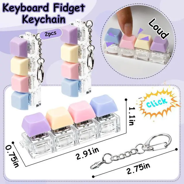 Alt view image 2 of 7 - 2 PCS Keyboard Fidget Toy, Keyboard Fidget Keychain 4-in-1 Keyboard Decompression Button Finger Clicker Toys, Button Stress Relief Fidget Gifts to Relief Stress (Fours Colors-Purple)
