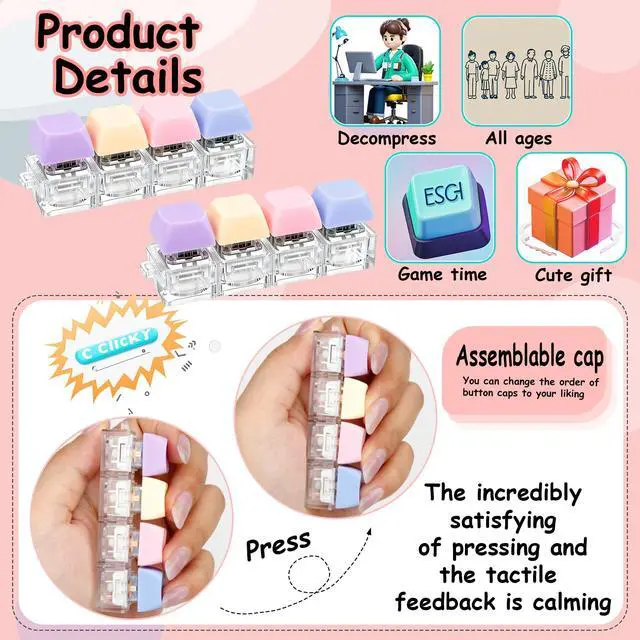 Alt view image 3 of 7 - 2 PCS Keyboard Fidget Toy, Keyboard Fidget Keychain 4-in-1 Keyboard Decompression Button Finger Clicker Toys, Button Stress Relief Fidget Gifts to Relief Stress (Fours Colors-Purple)