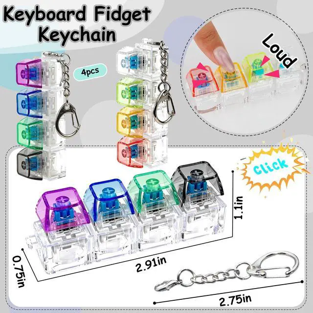 Alt view image 3 of 6 - 4 PCS Keyboard Fidget Toy, Keyboard Fidget Keychain 4-in-1 Keyboard Decompression Button Finger Clicker Toys, Button Stress Relief Fidget Gifts (Transparent Colorful)