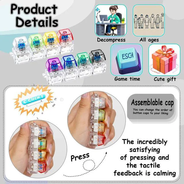 Alt view image 5 of 6 - 4 PCS Keyboard Fidget Toy, Keyboard Fidget Keychain 4-in-1 Keyboard Decompression Button Finger Clicker Toys, Button Stress Relief Fidget Gifts (Transparent Colorful)