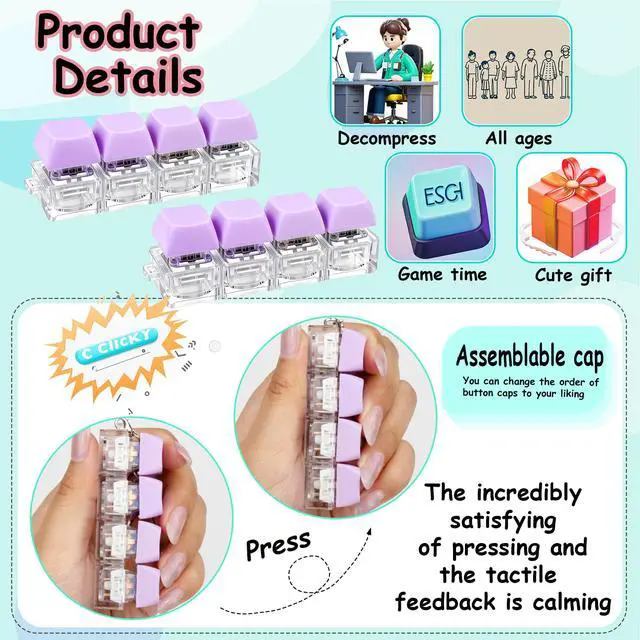 Alt view image 3 of 7 - 2 Pcs Keyboard Fidget Toy, Keyboard Fidget Keychain 4-in-1 Keyboard Decompression Button Finger Clicker Toys, Button Stress Relief Fidget Gifts for Adult to Relief Stress (Purple)