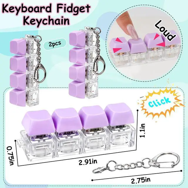 Alt view image 2 of 7 - 2 Pcs Keyboard Fidget Toy, Keyboard Fidget Keychain 4-in-1 Keyboard Decompression Button Finger Clicker Toys, Button Stress Relief Fidget Gifts for Adult to Relief Stress (Purple)